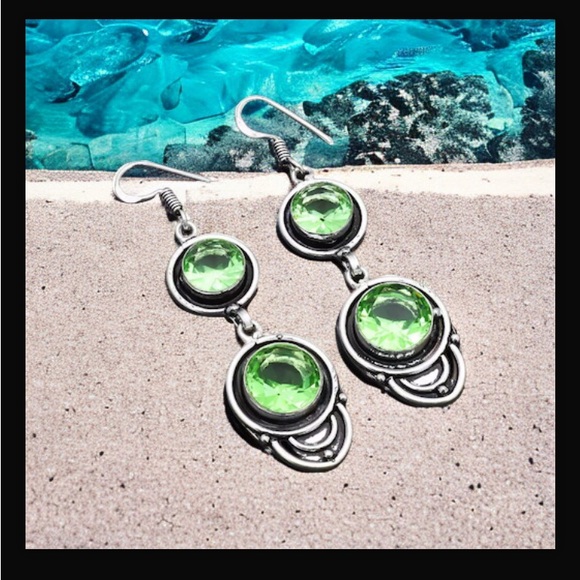 Peridot Handcrafted Drop Hook Style Dangle Earrings 2.4” Long Handmade In India - Picture 8 of 13